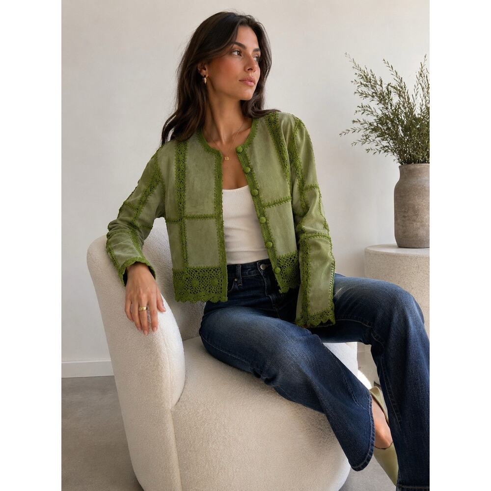 S.M.H Boutique Green Leather Crochet Jacket Womens M Boho Y2K Crop Cardigan